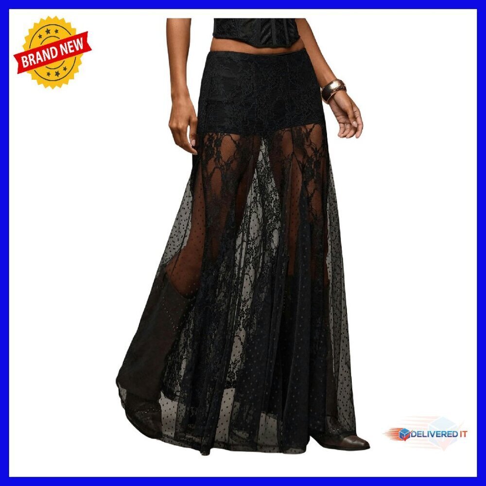 Lace Sheer Maxi Skirt A-Line Ruffle Boho Goth Long Skirt